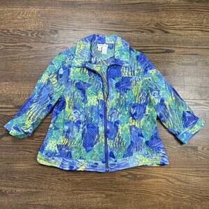 Coldwater Creek Jacket Womens 18W Blue Yellow Sheer Zip Up 3/4 Sleeve Abstract
